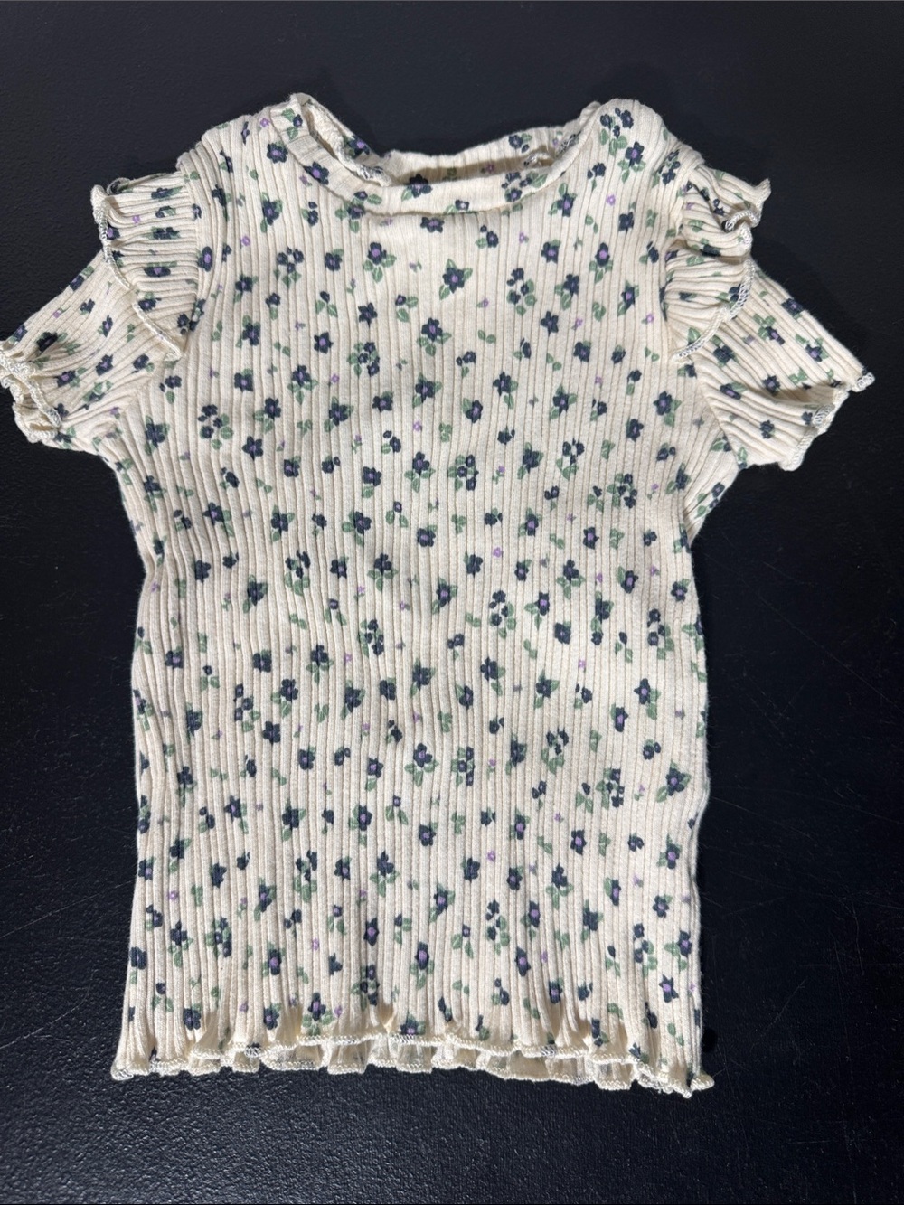 Zara Cream Ribbed Tee with Blue & Green Floral Print
